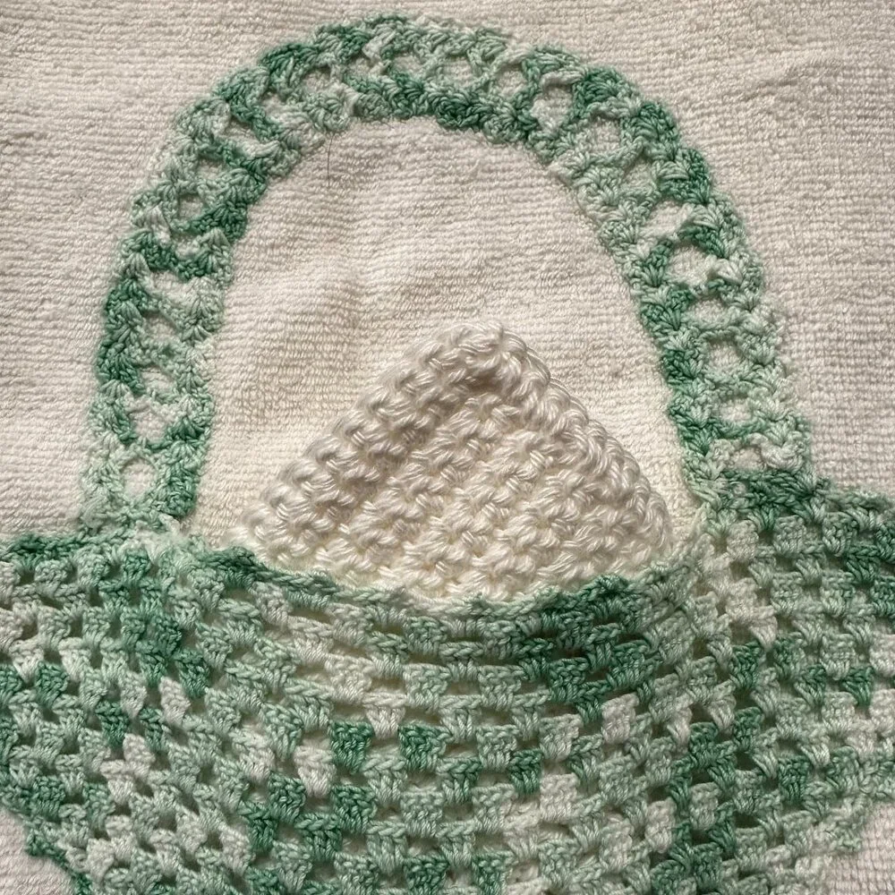 Vintage Cannon Towel with Hand Crochet Basket in Variegated Green Weave Design